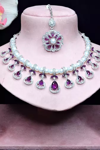 Purple rhodium premium designer american diamond and stone work necklace set