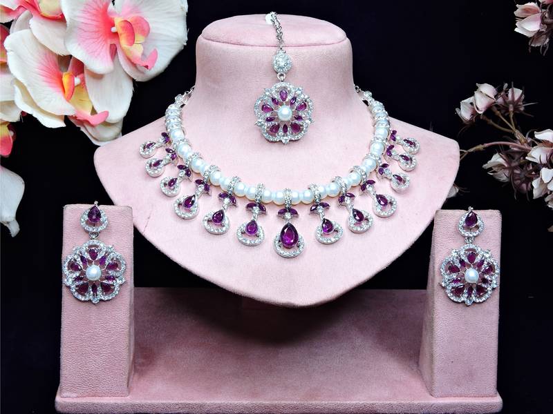 Purple rhodium premium designer american diamond and stone work necklace set