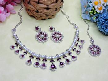 Purple rhodium premium designer american diamond and stone work necklace set 2
