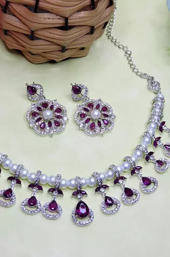 Purple rhodium premium designer american diamond and stone work necklace set