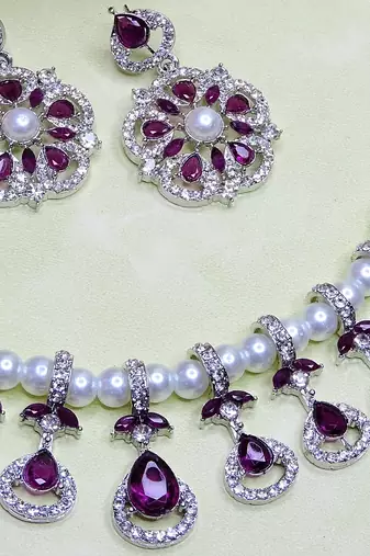 Purple rhodium premium designer american diamond and stone work necklace set