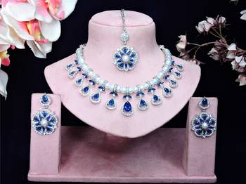 Blue rhodium premium designer american diamond and stone work necklace set 1