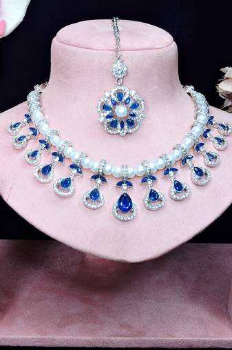 Blue rhodium premium designer american diamond and stone work necklace set