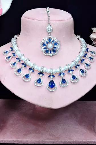 Blue rhodium premium designer american diamond and stone work necklace set