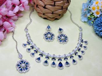 Blue rhodium premium designer american diamond and stone work necklace set 2