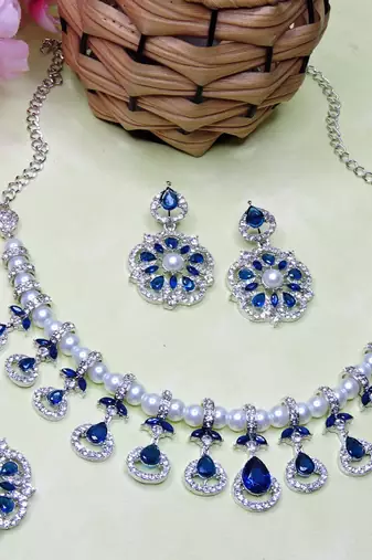 Blue rhodium premium designer american diamond and stone work necklace set