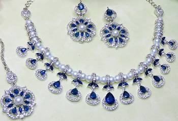 Blue rhodium premium designer american diamond and stone work necklace set 3