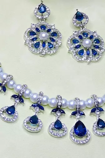 Blue rhodium premium designer american diamond and stone work necklace set