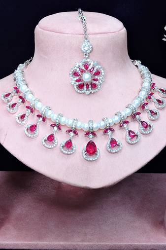 Pink rhodium premium designer american diamond and stone work necklace set