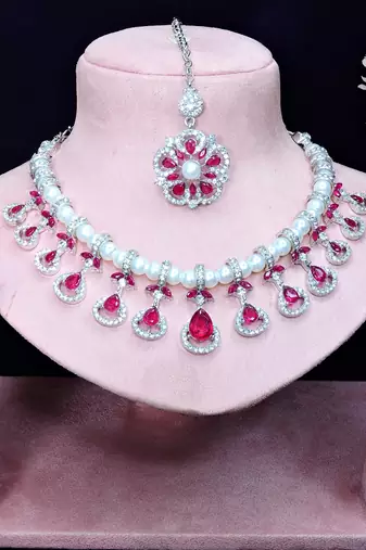 Pink rhodium premium designer american diamond and stone work necklace set