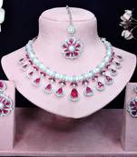 Pink rhodium premium designer american diamond and stone work necklace set
