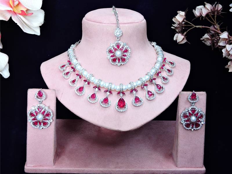 Pink rhodium premium designer american diamond and stone work necklace set