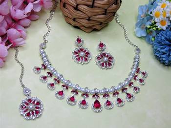 Pink rhodium premium designer american diamond and stone work necklace set 2