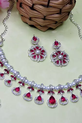 Pink rhodium premium designer american diamond and stone work necklace set