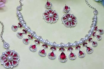 Pink rhodium premium designer american diamond and stone work necklace set 3