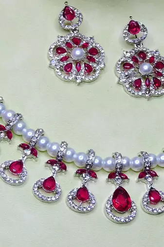 Pink rhodium premium designer american diamond and stone work necklace set