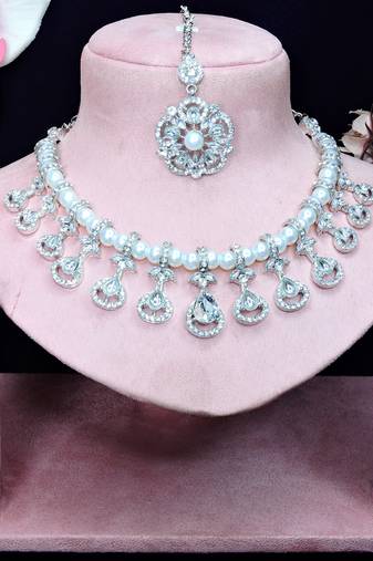 White rhodium premium designer american diamond and stone work necklace set
