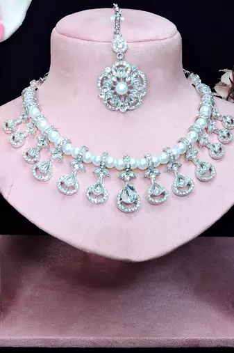White rhodium premium designer american diamond and stone work necklace set