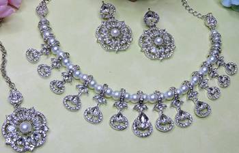 White rhodium premium designer american diamond and stone work necklace set 3