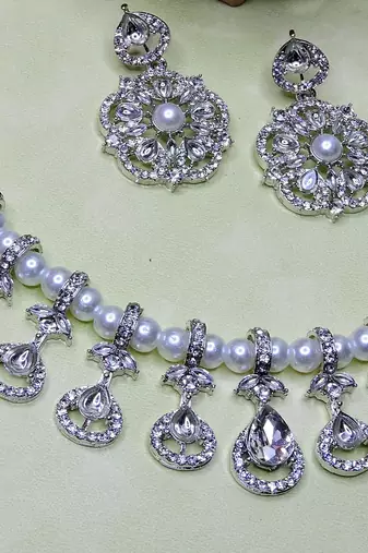 White rhodium premium designer american diamond and stone work necklace set