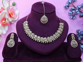 Gold yellow gold premium designer american diamond and stone work necklace set 1