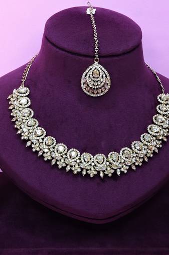 Gold yellow gold premium designer american diamond and stone work necklace set