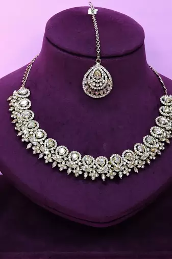 Gold yellow gold premium designer american diamond and stone work necklace set