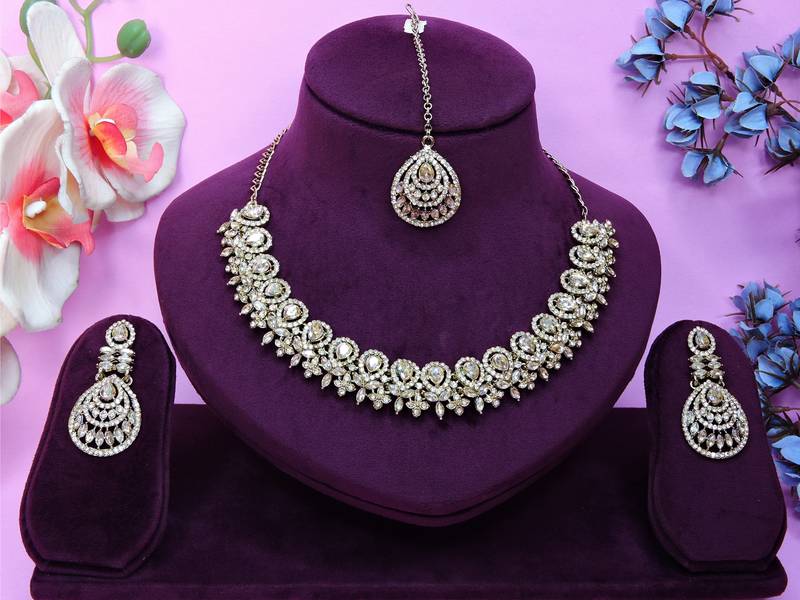 Gold yellow gold premium designer american diamond and stone work necklace set
