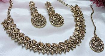 Gold yellow gold premium designer american diamond and stone work necklace set 2