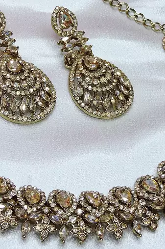 Gold yellow gold premium designer american diamond and stone work necklace set