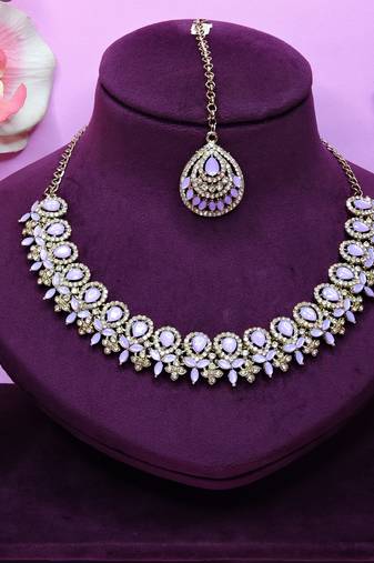 Purple yellow gold premium designer american diamond and stone work necklace set