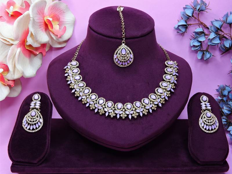 Purple yellow gold premium designer american diamond and stone work necklace set