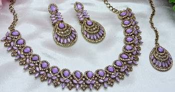 Purple yellow gold premium designer american diamond and stone work necklace set 2