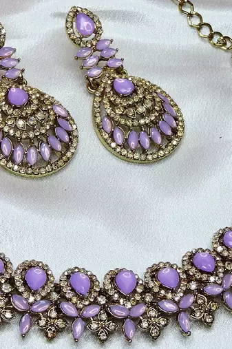 Purple yellow gold premium designer american diamond and stone work necklace set