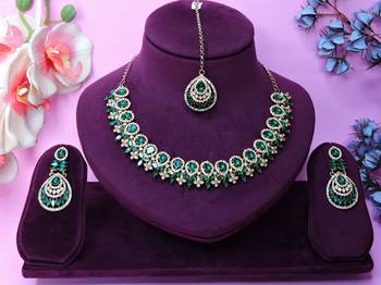 Green yellow gold premium designer american diamond and stone work necklace set 1