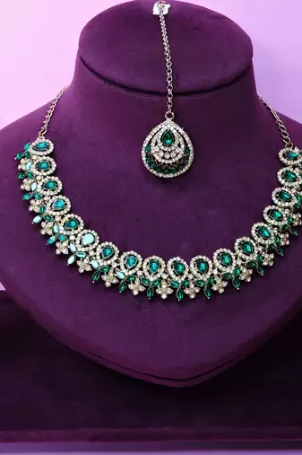 Green yellow gold premium designer american diamond and stone work necklace set