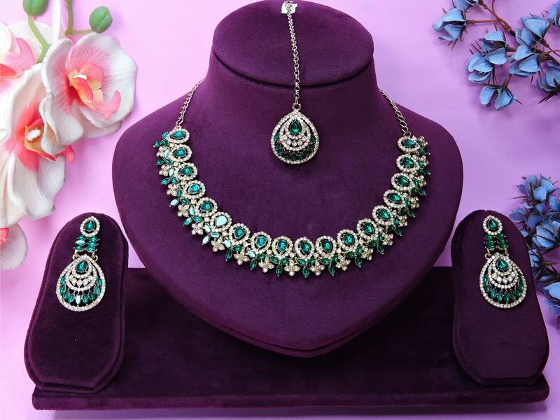 Green yellow gold premium designer american diamond and stone work necklace set