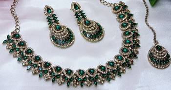 Green yellow gold premium designer american diamond and stone work necklace set 2