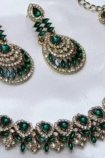 Green yellow gold premium designer american diamond and stone work necklace set