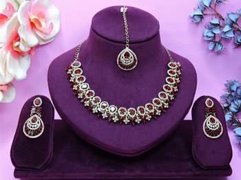Maroon yellow gold premium designer american diamond and stone work necklace set 1