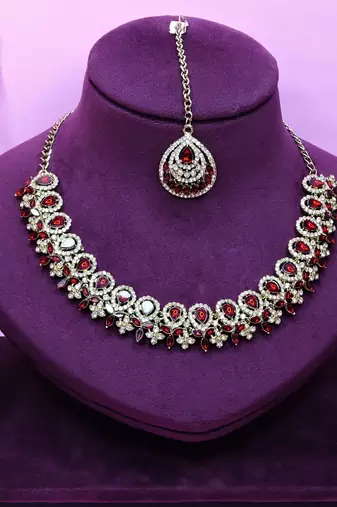 Maroon yellow gold premium designer american diamond and stone work necklace set