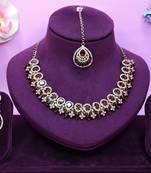 Maroon yellow gold premium designer american diamond and stone work necklace set