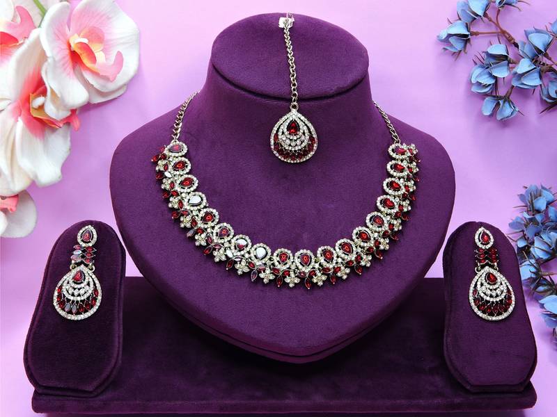 Maroon yellow gold premium designer american diamond and stone work necklace set