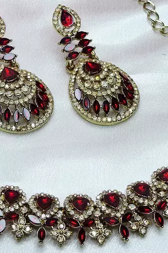 Maroon yellow gold premium designer american diamond and stone work necklace set