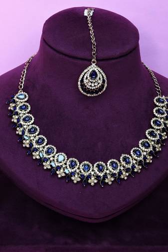 Blue yellow gold premium designer american diamond and stone work necklace set