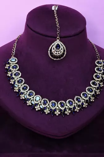 Blue yellow gold premium designer american diamond and stone work necklace set