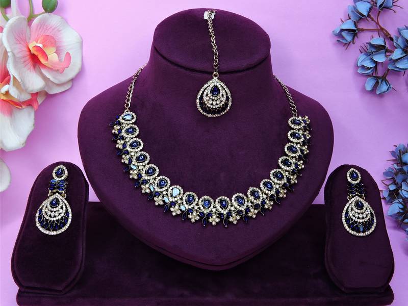 Blue yellow gold premium designer american diamond and stone work necklace set