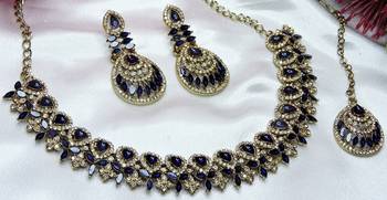 Blue yellow gold premium designer american diamond and stone work necklace set 2