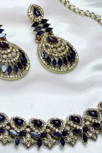 Blue yellow gold premium designer american diamond and stone work necklace set