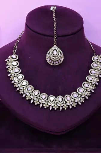 Pink yellow gold premium designer american diamond and stone work necklace set